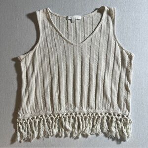Anthropologie Eri + Ali Cotton Blend Knit Cream Tank Top w/ Fringe Hem, Small